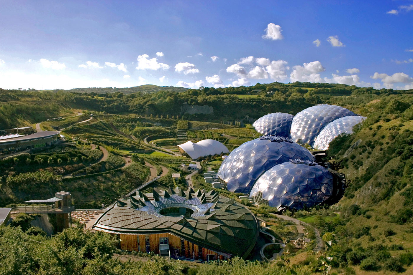 The Eden Project biomes in Cornwall, seen from the rim of the former clay pit.